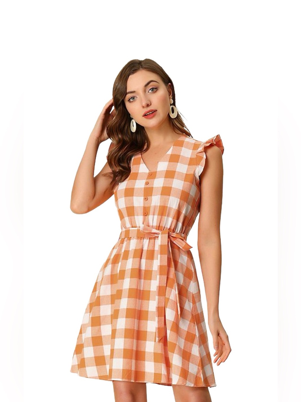 allegra k Orange and white checkered Gingham Belted V-Neck Dress